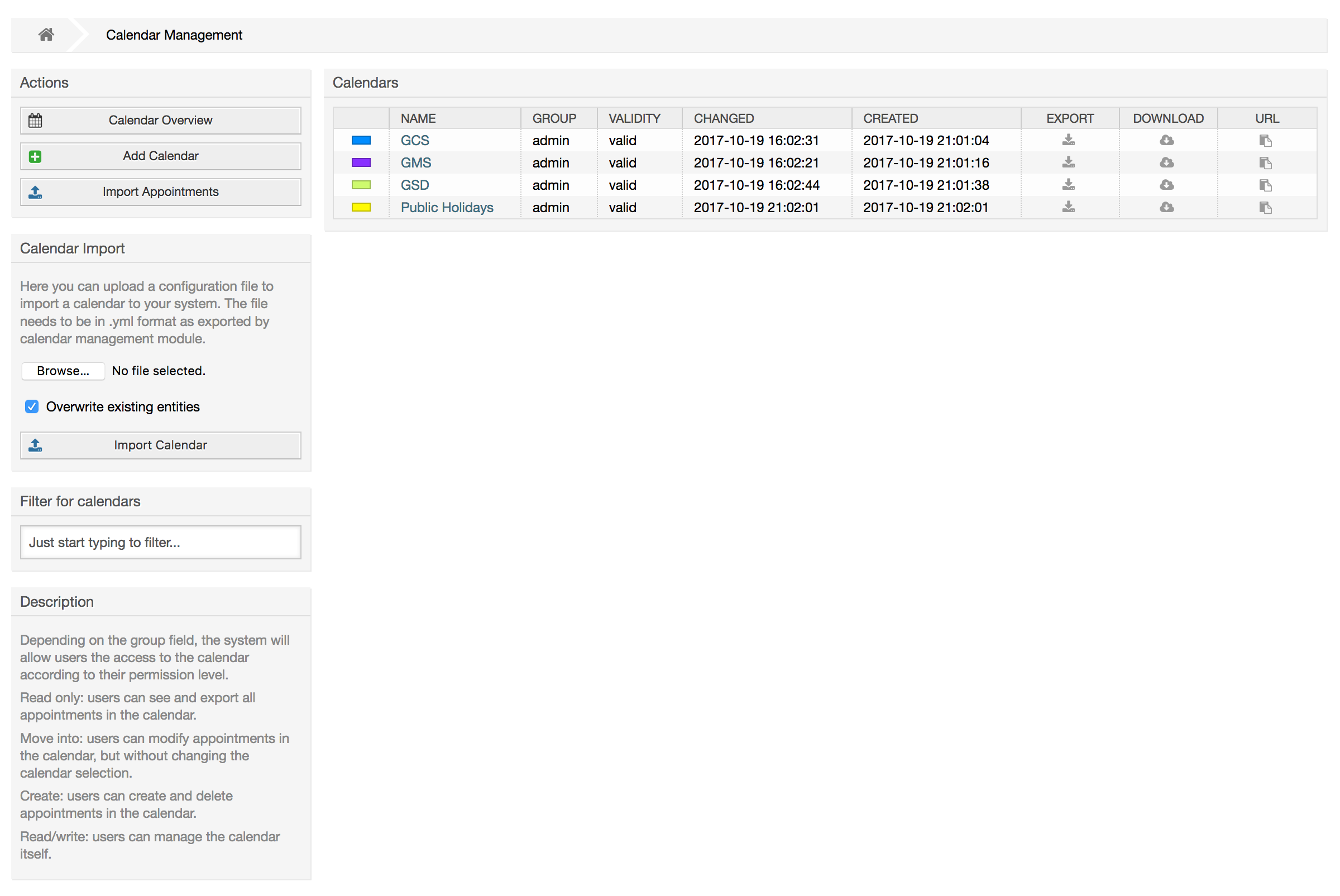 The calendar management screen with some calendars