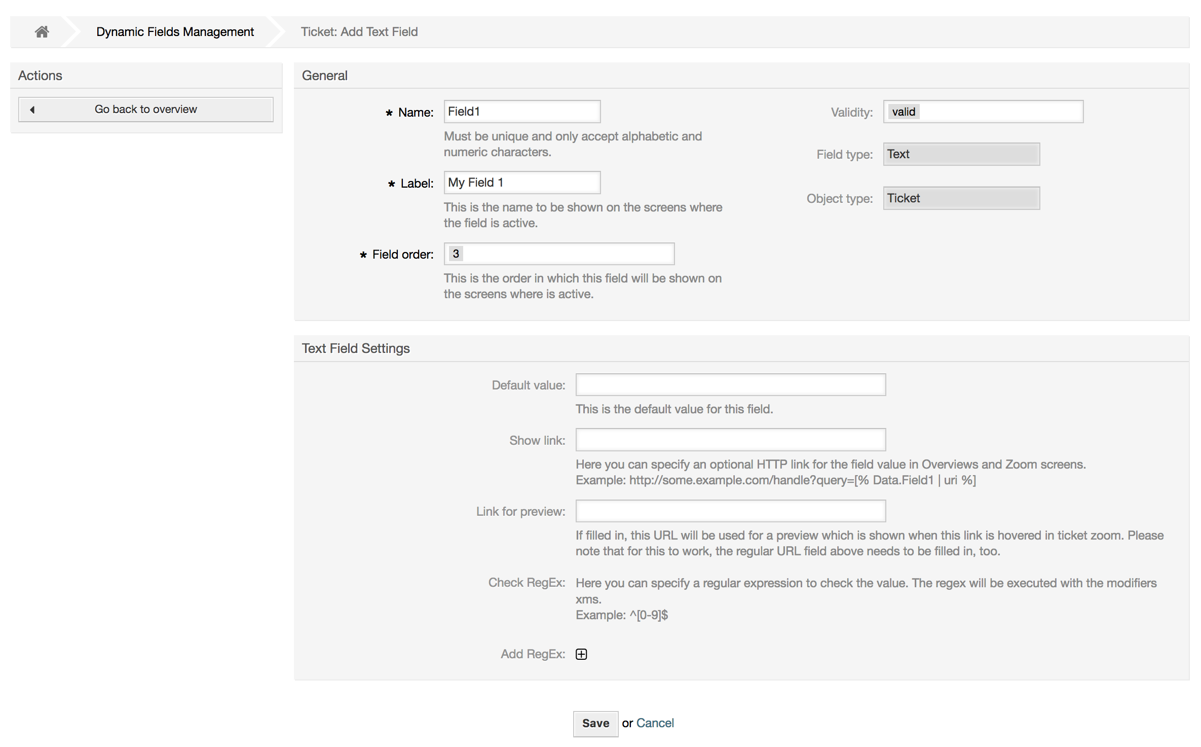 Konfigurationsdialog für Textfelder indynamischen Feldern