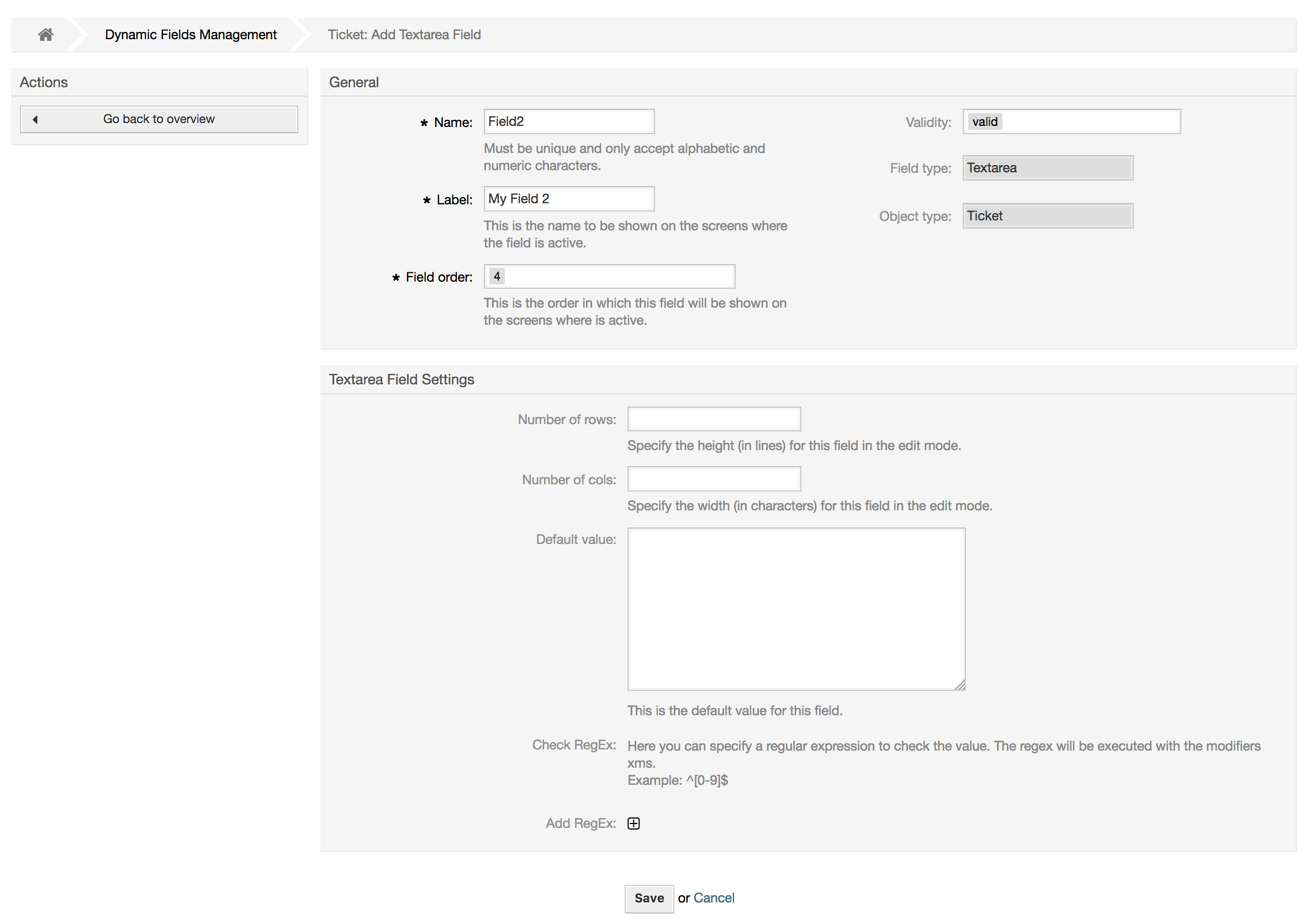 Konfigurationsdialog für Textfelder in dynamischen Feldern