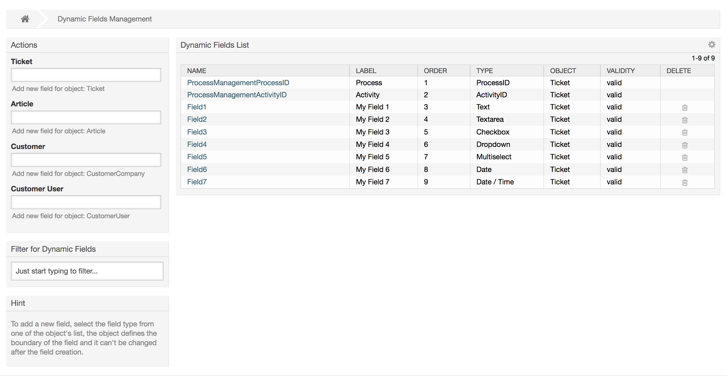 Übersichtsseite der dynamischen Felder mit Beispieldaten