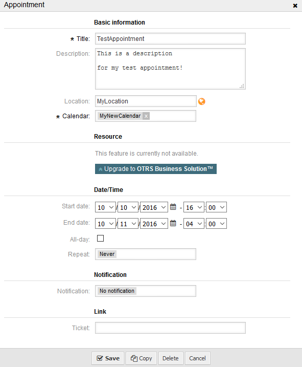 Appointment edit screen