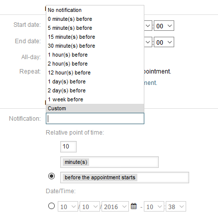 Notification settings in appointment edit screen