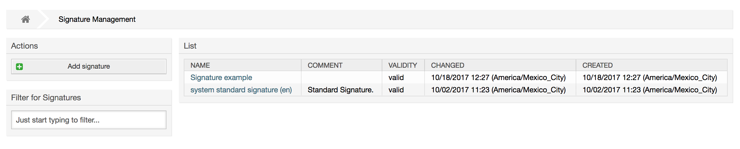 Signatures management