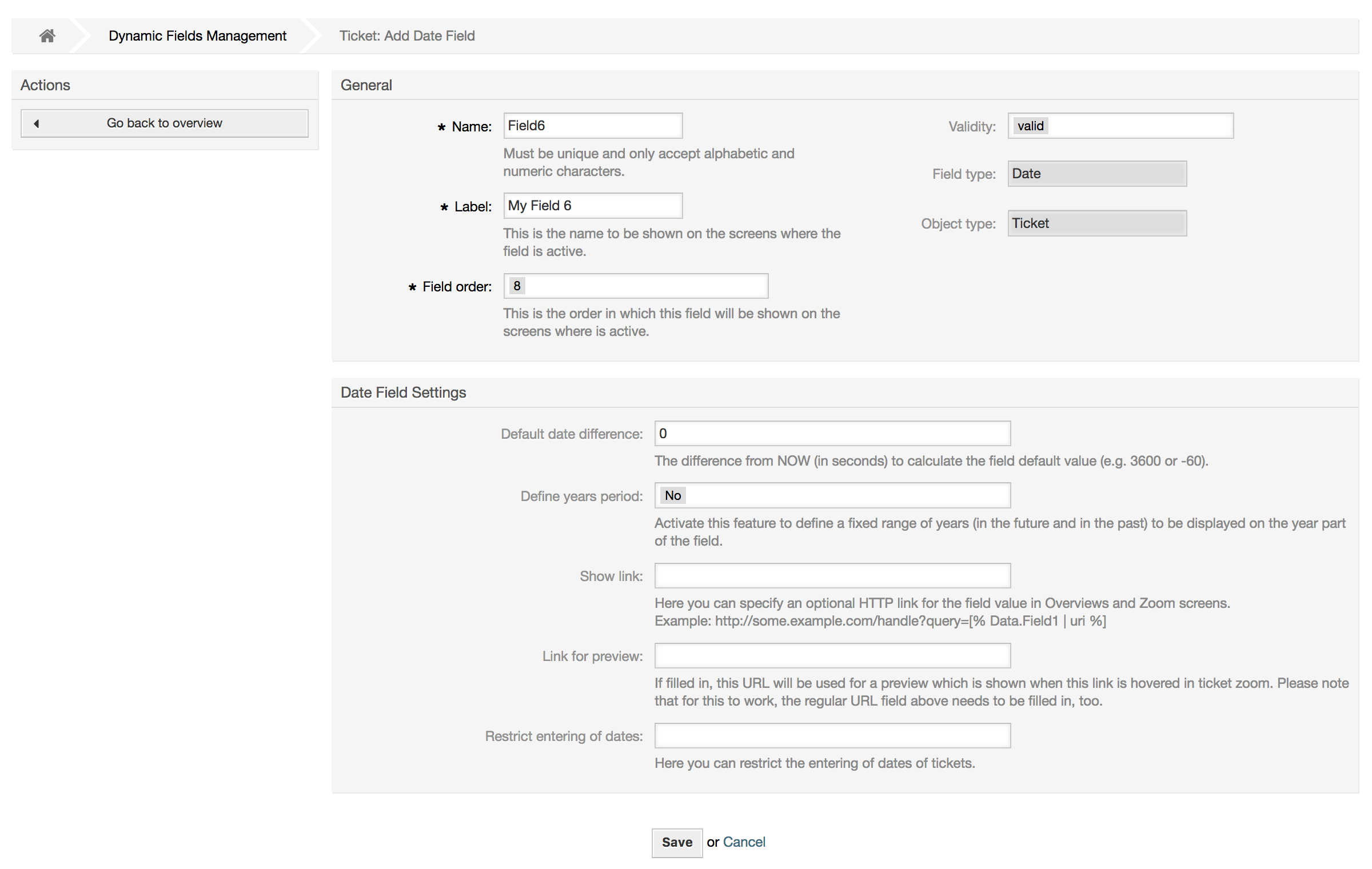 Dynamic field Date configuration dialog