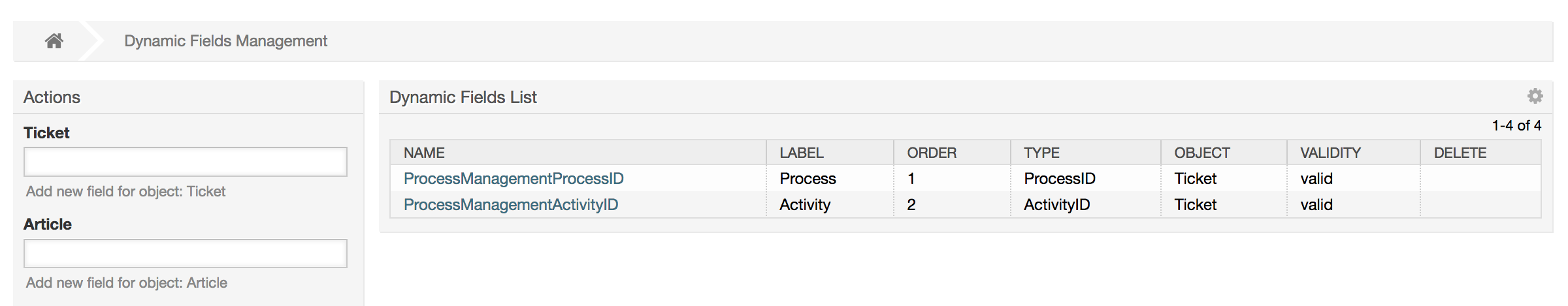 Dynamic fields overview screen.