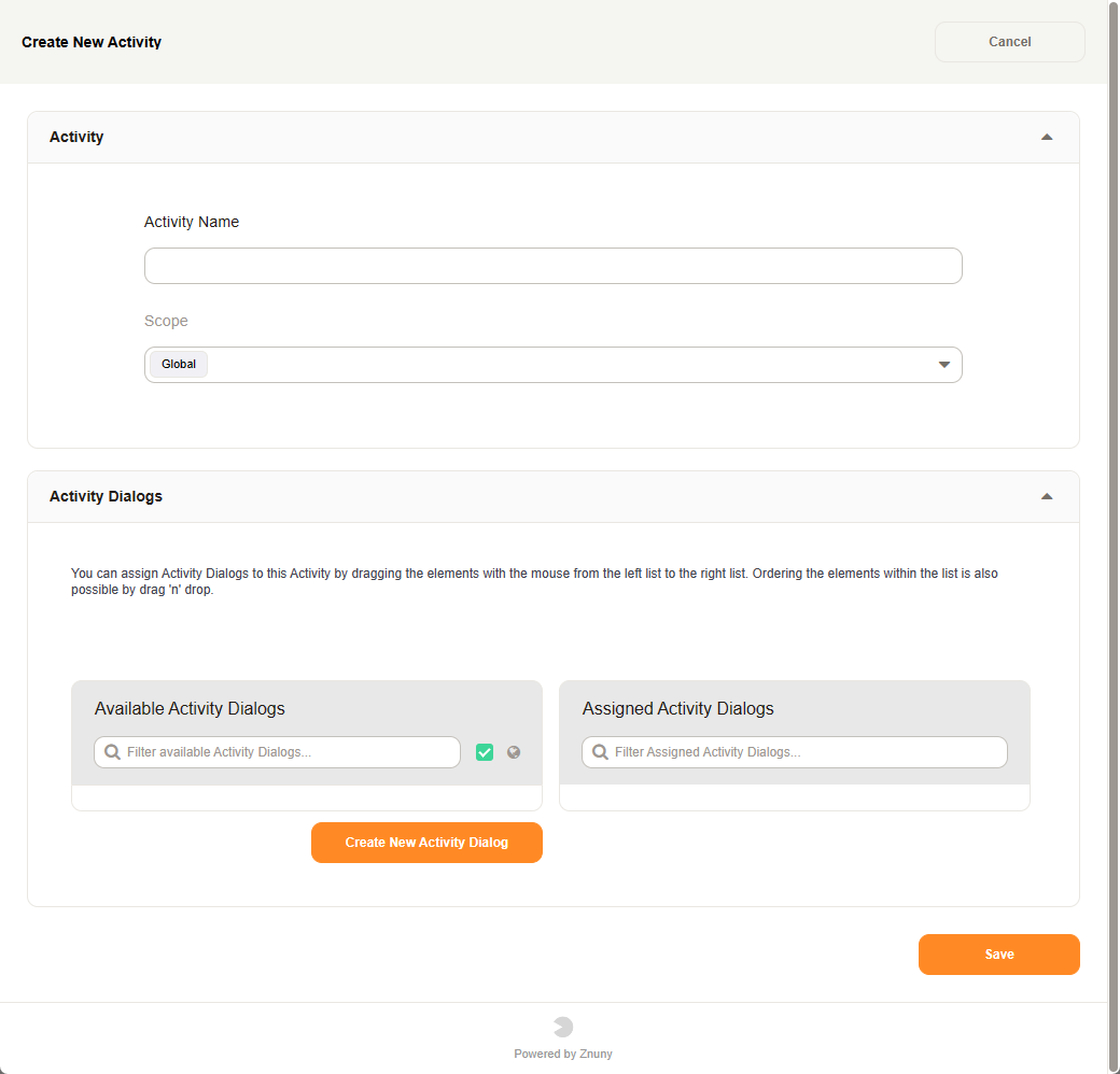 Process Management Activity Add Dialog