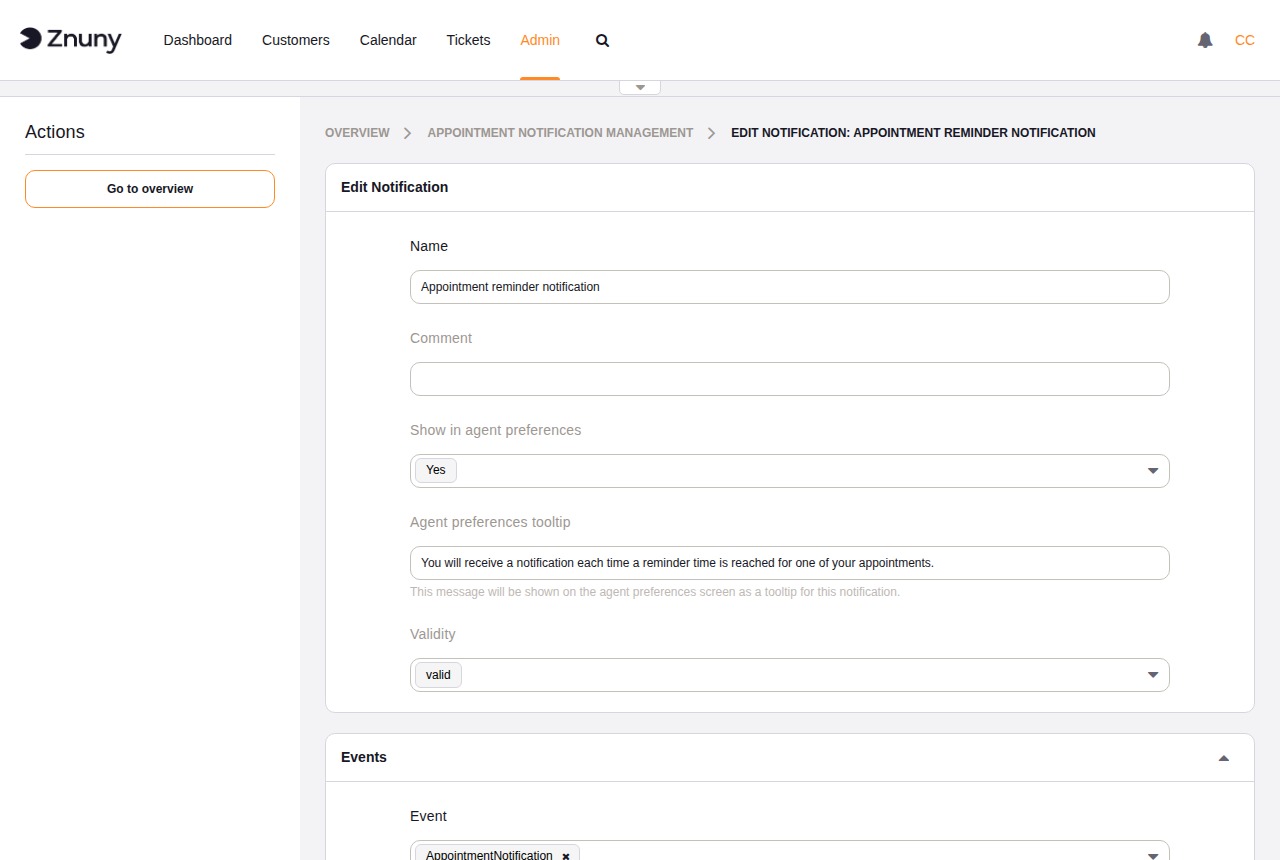 Notification edit — Basic Settings and Appointment Filter