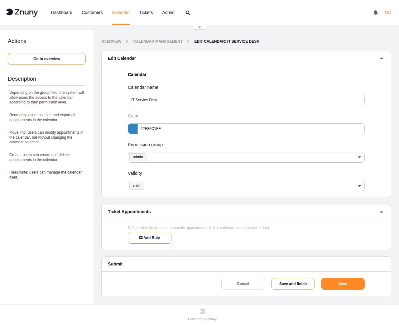 Calendar edit form — Ticket Appointments rule