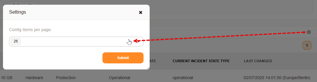 Overview settings dialog for choosing the number of CIs shown per page