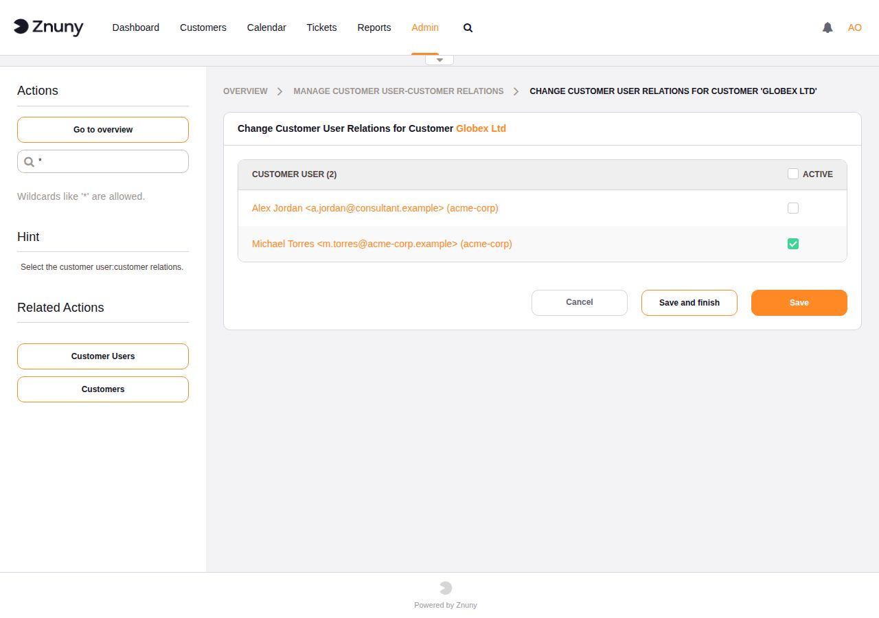 Globex Ltd customer view showing Michael Torres as a linked customer user