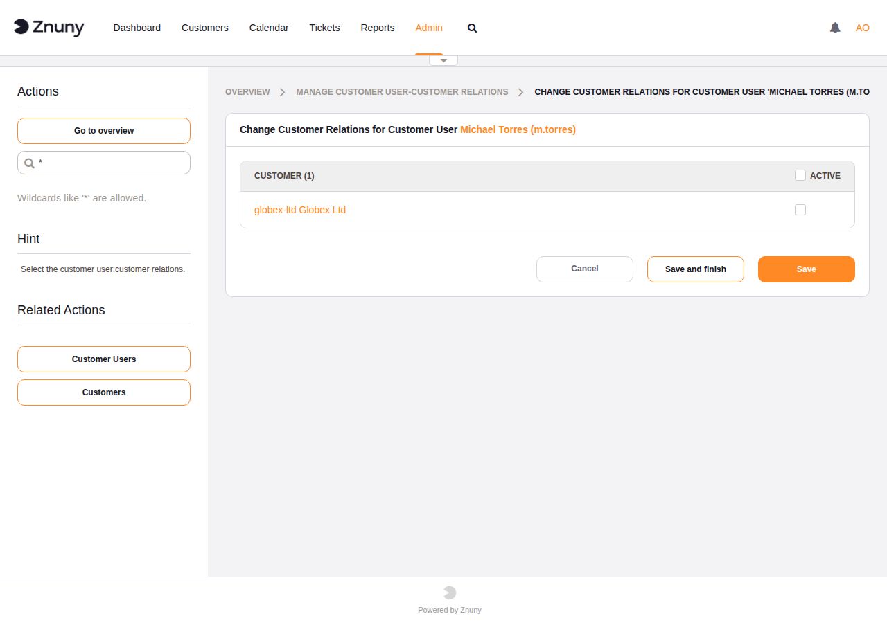 Company assignment page for customer user Michael Torres — Globex Ltd available but not yet linked