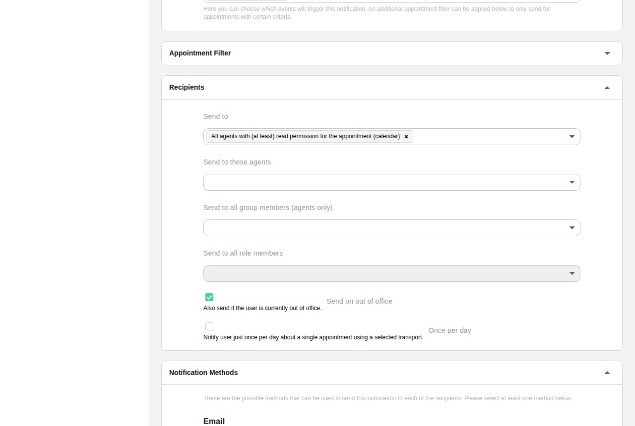 Notification edit — Recipients section