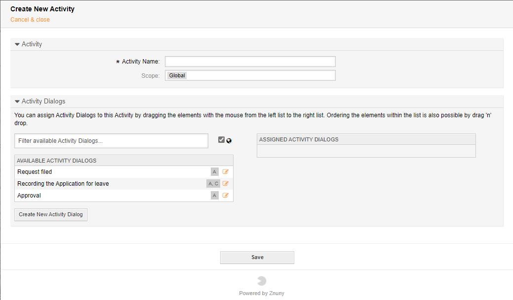 Process Management Activity Add Dialog